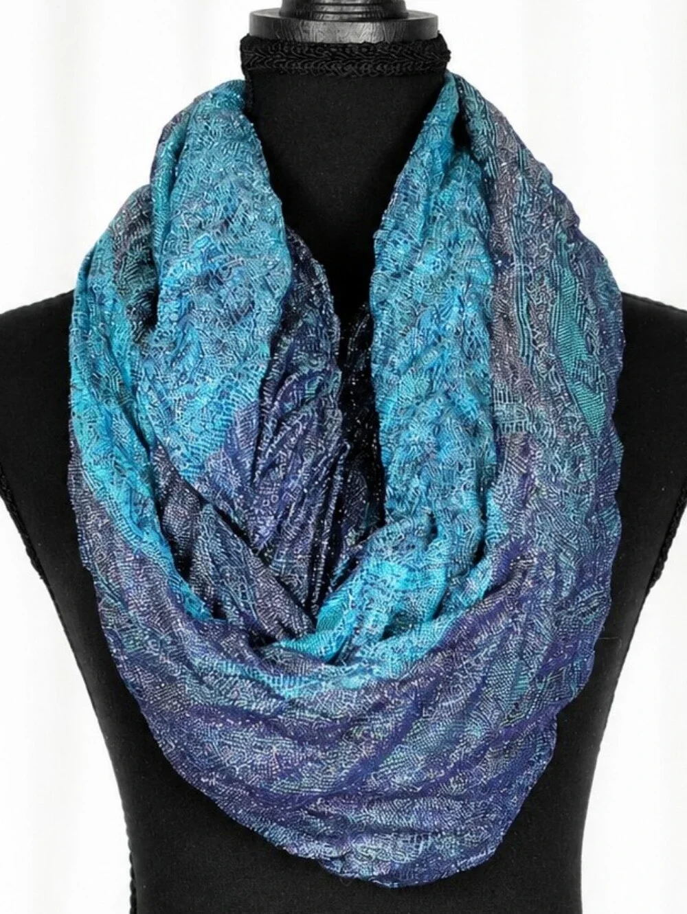 👚 Blue Teal Infinity Scarf Lightweight Textured Loop Neck Wrap Boho Soft Chic